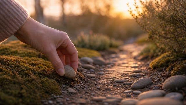 Käsi siirtää pienen kiven pois valoisalta puutarhapolulta.