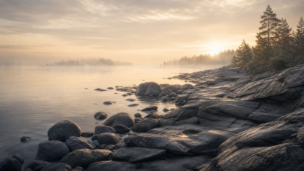 Tummat rantakivet, vaalea usva ja kultainen valo sulautuvat pehmeiksi sävyiksi.