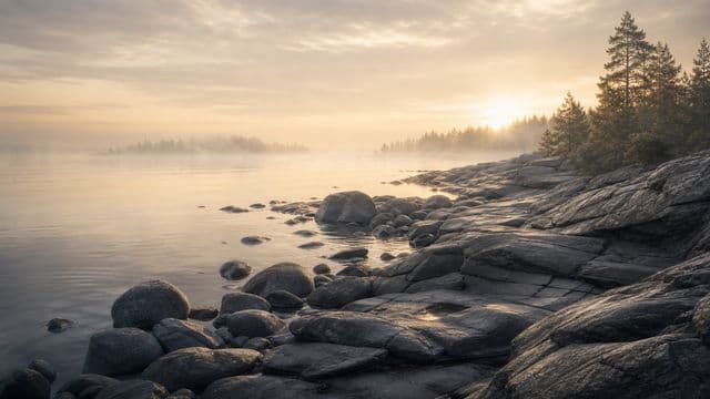 Tummat rantakivet, vaalea usva ja kultainen valo sulautuvat pehmeiksi sävyiksi.