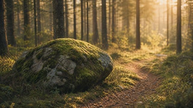 Metsäpolku kiertää sammaleisen kiven ja jatkuu kohti valoa.