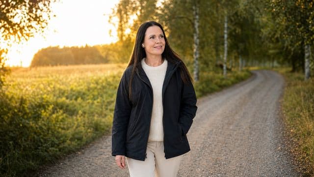 Maisa kävelee maalaispolulla kuuloke korvassa lämpimässä aamunvalossa.