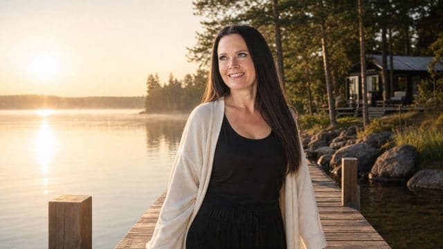 Maisa kävelee paljain jaloin kesämökin laiturilla kohti aamuaurinkoa.