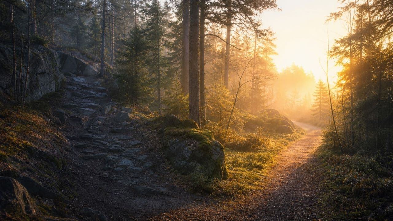 Lempeä metsäpolku kaartuu kohti aamuaurinkoa jyrkemmän reitin vierellä.