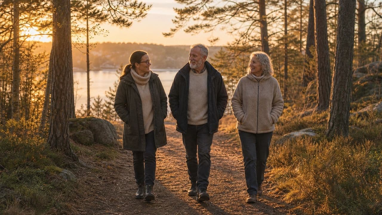 Aikuiset kävelevät yhdessä metsäpolulla lämpimässä aamuvalossa.
