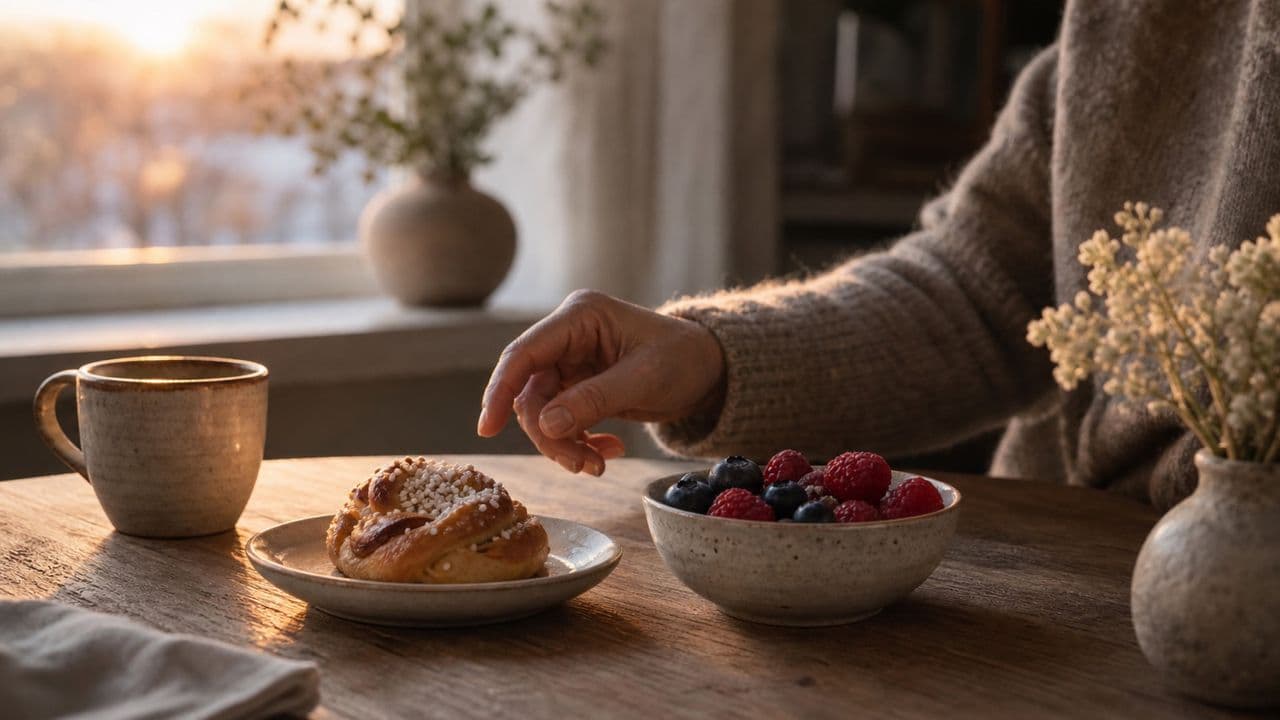 Leivonnainen ja marjat ovat rinnakkain lämpimästi katetulla pöydällä.