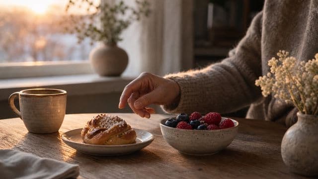 Leivonnainen ja marjat ovat rinnakkain lämpimästi katetulla pöydällä.