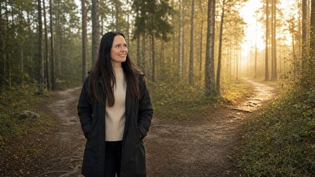 Maisa pysähtyy rauhallisena metsäpolun risteykseen aamuvalossa.