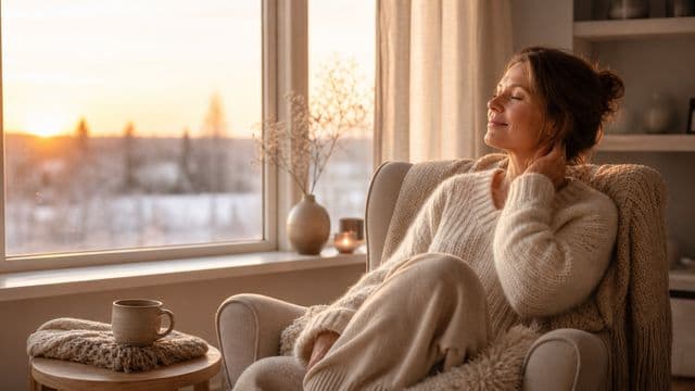 Nainen lepää nojatuolissa talvisen aamuauringon valossa.