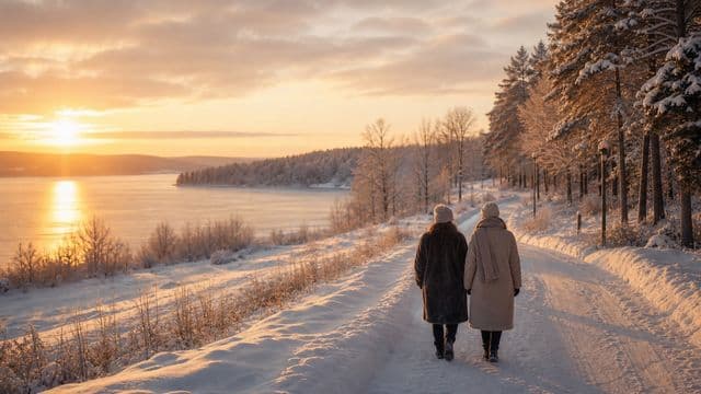 Kaksi naista kulkee rauhallisesti talvisella järvenrantatiellä aamuauringossa.