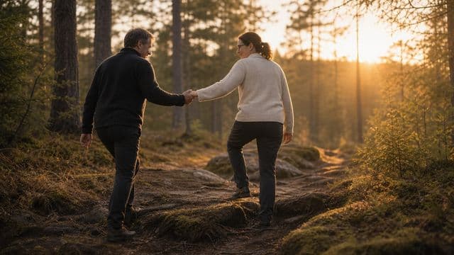 Toinen kulkija ojentaa tukevan käden metsäpolulla aamuauringon valossa.