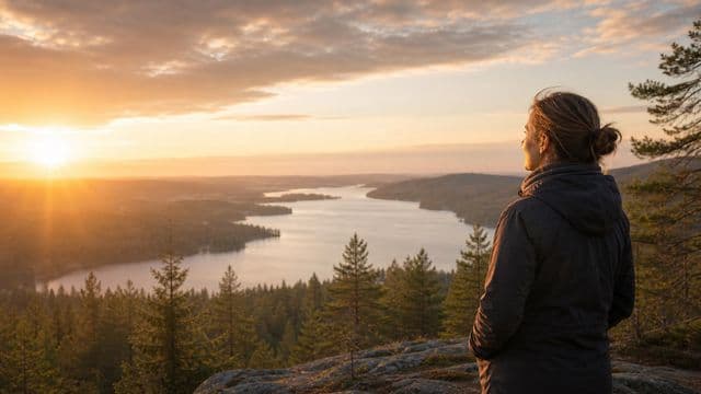Ihminen hengittää rauhallisesti kirkkaassa aamussa avaran järvimaiseman äärellä.