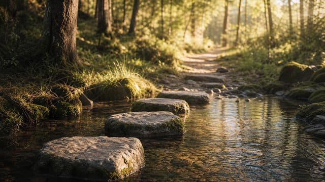 Pienet luonnonkivet muodostavat reitin puron yli kohti valoisaa metsää.