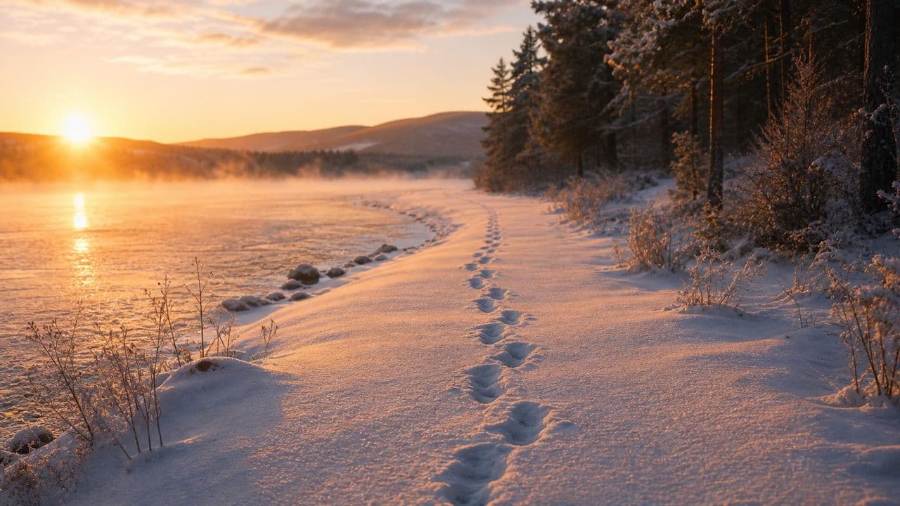 Jalanjäljet jatkuvat lumisella järvenrannalla kohti nousevaa aurinkoa.