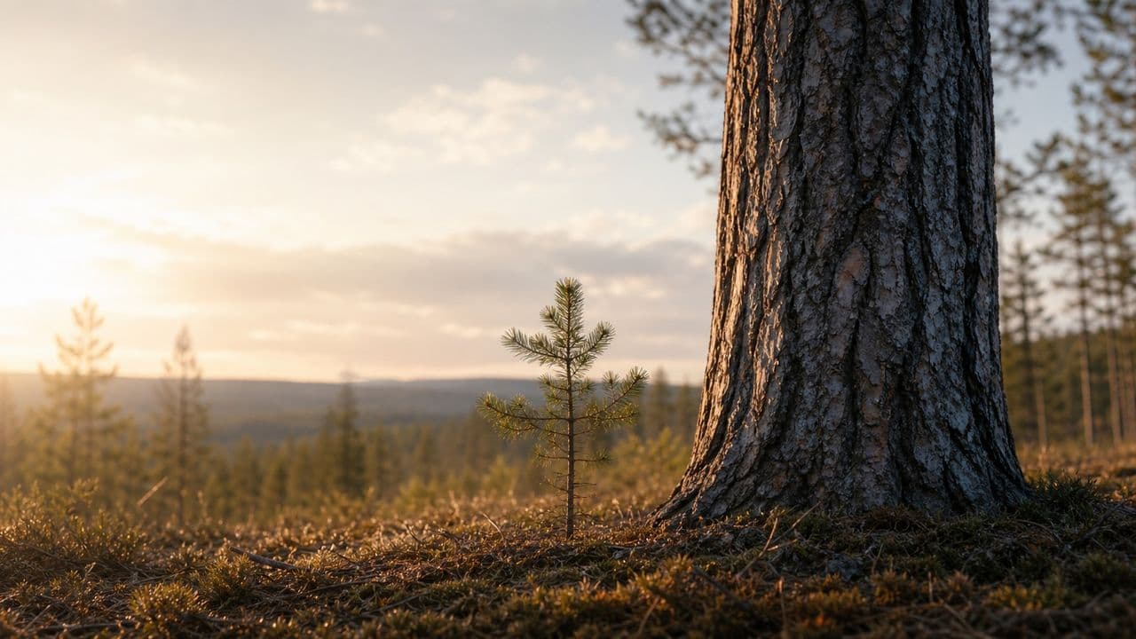 Nuori taimi kasvaa vanhan männyn vierellä kultaisessa metsävalossa.
