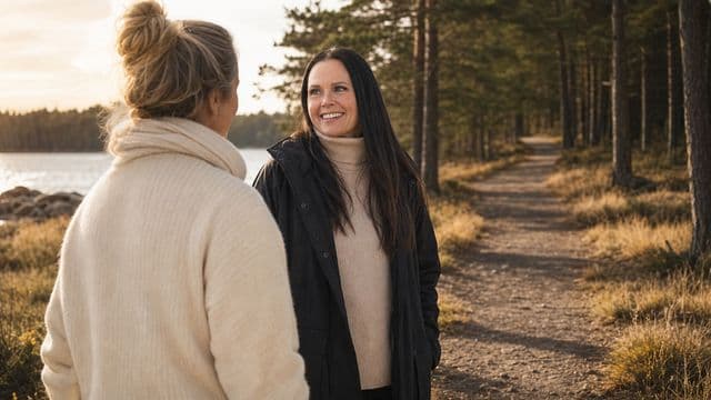Maisa kulkee valmennettavan rinnalla syksyisellä rantapolulla.
