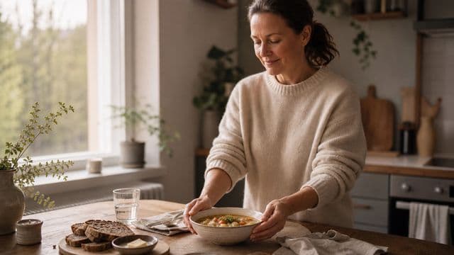 Nainen asettaa lämpimän keiton rauhallisesti katetulle pöydälle.