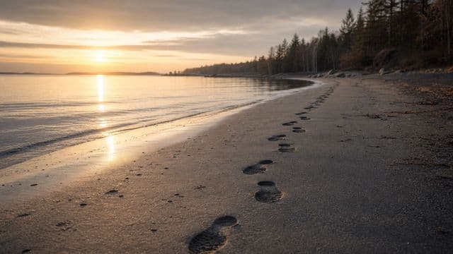 Tasaiset jalanjäljet jatkuvat hiekkarannalla kohti aamuaurinkoa.