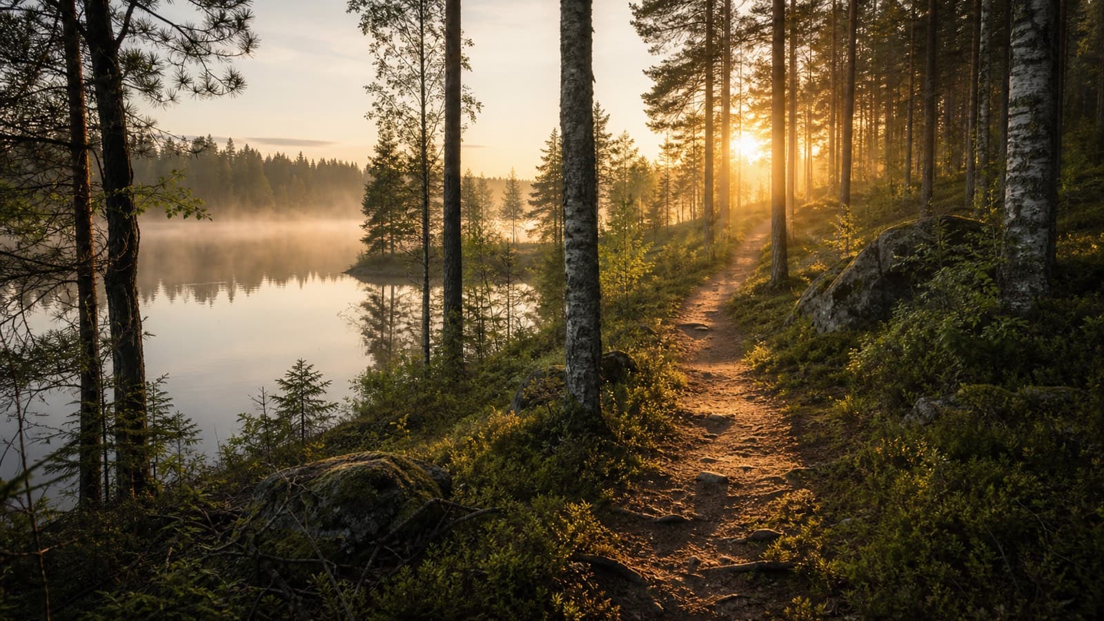 Kapea metsäpolku sumuisen järven rannalla, aurinko nousee puiden lomasta
