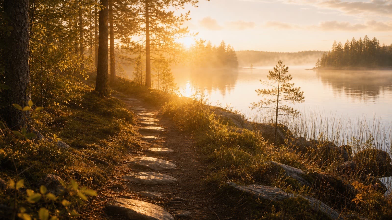 Rauhallinen polku järven rannalla auringonnousussa